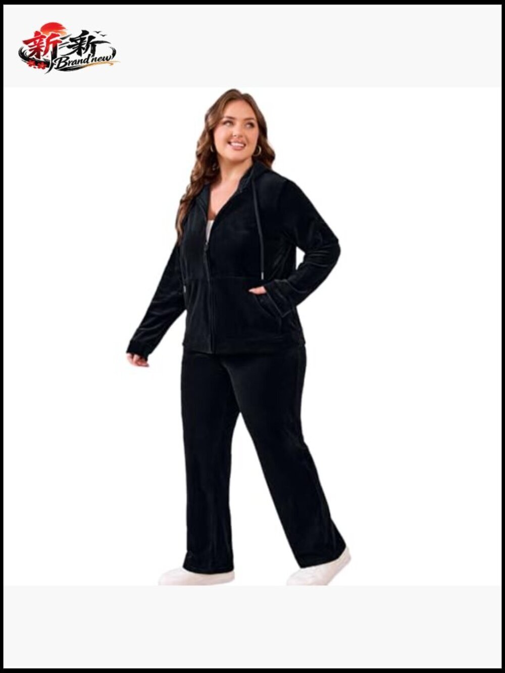 Women Plus Size Velour Tracksuit 2 Piece Set Zip Up Hoodie & Straight Leg Pant - Picture 2 of 7